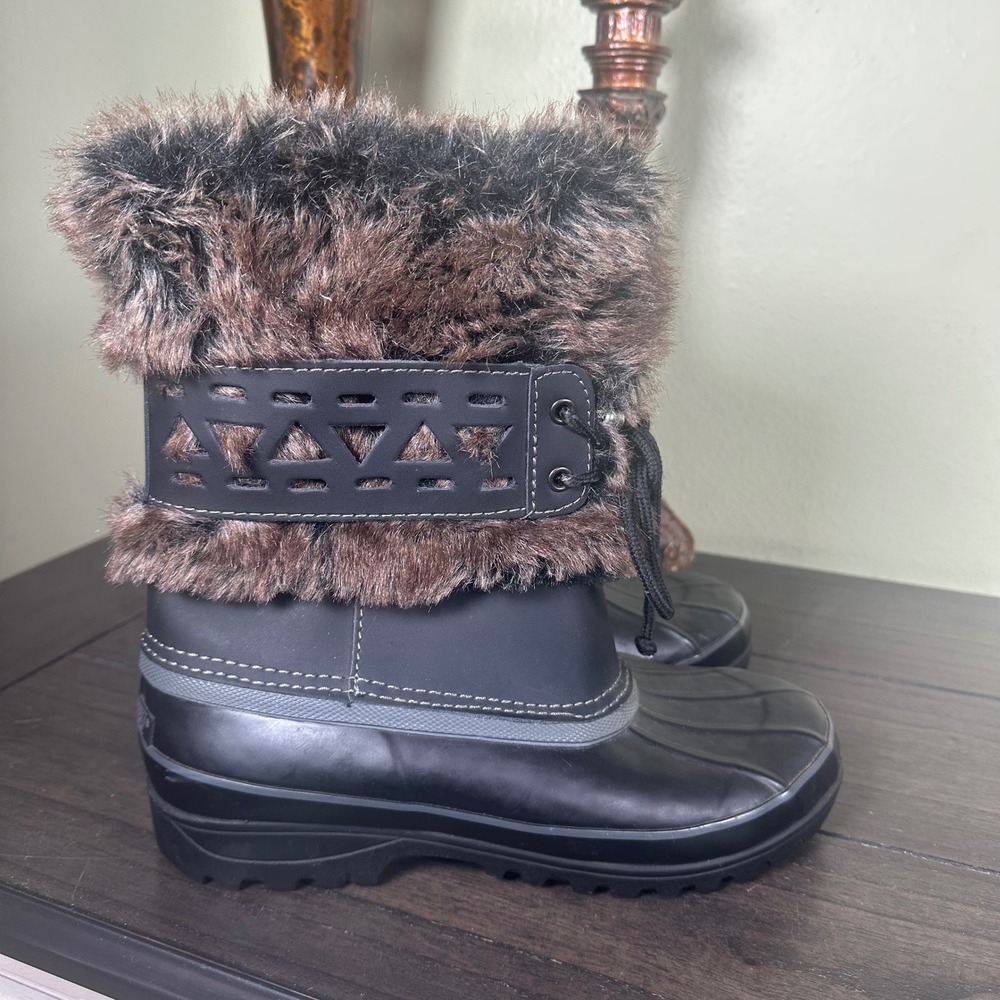Khombu Faux Fur Winter Snow Boots Black Brown Lace Up Après Ski Gorpcore Size 7